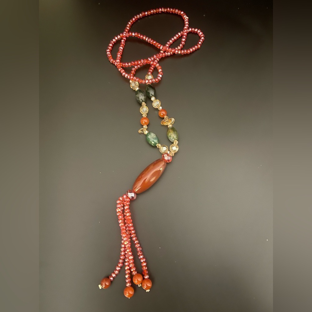 Multicolor Faceted Beaded Necklace with Red Crystal Tasseled Strand